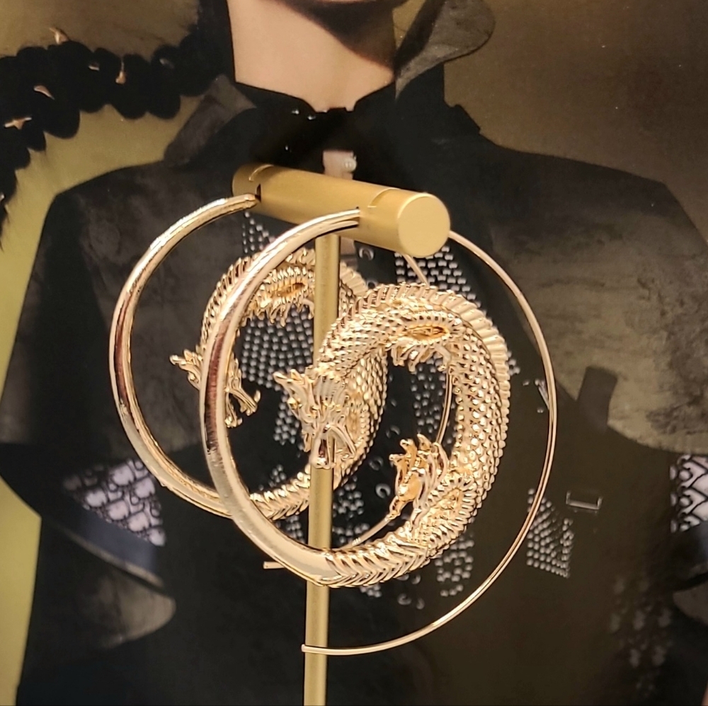 NWT Vintage Style Gothic Dragon Gold Spiral Hoop Earrings